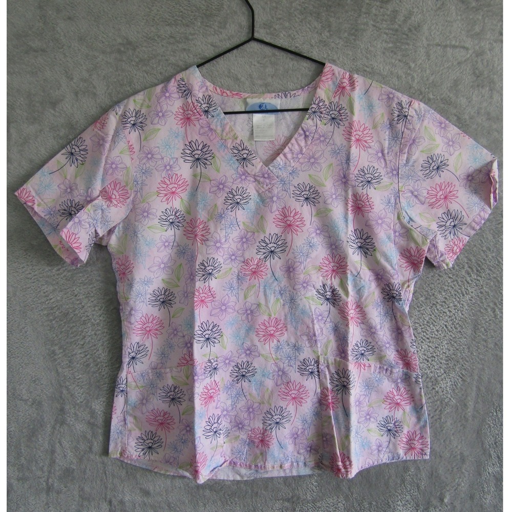 SB Scrubs Womens Small Pink Floral Cotton V-Neck Scrub Top Short Sleeve